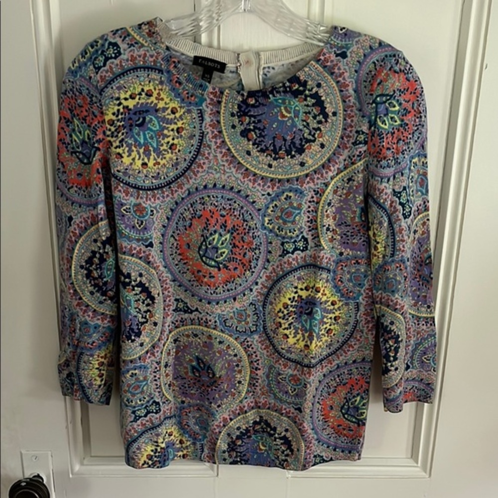 Talbots Blue and Yellow Graphic 3/4 Sleeve Blouse